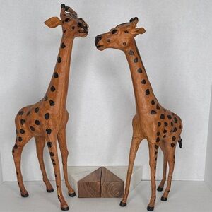 Vintage Estate Leather Wrapped Pair of Giraffes Large 17"-18" with Glass Eyes